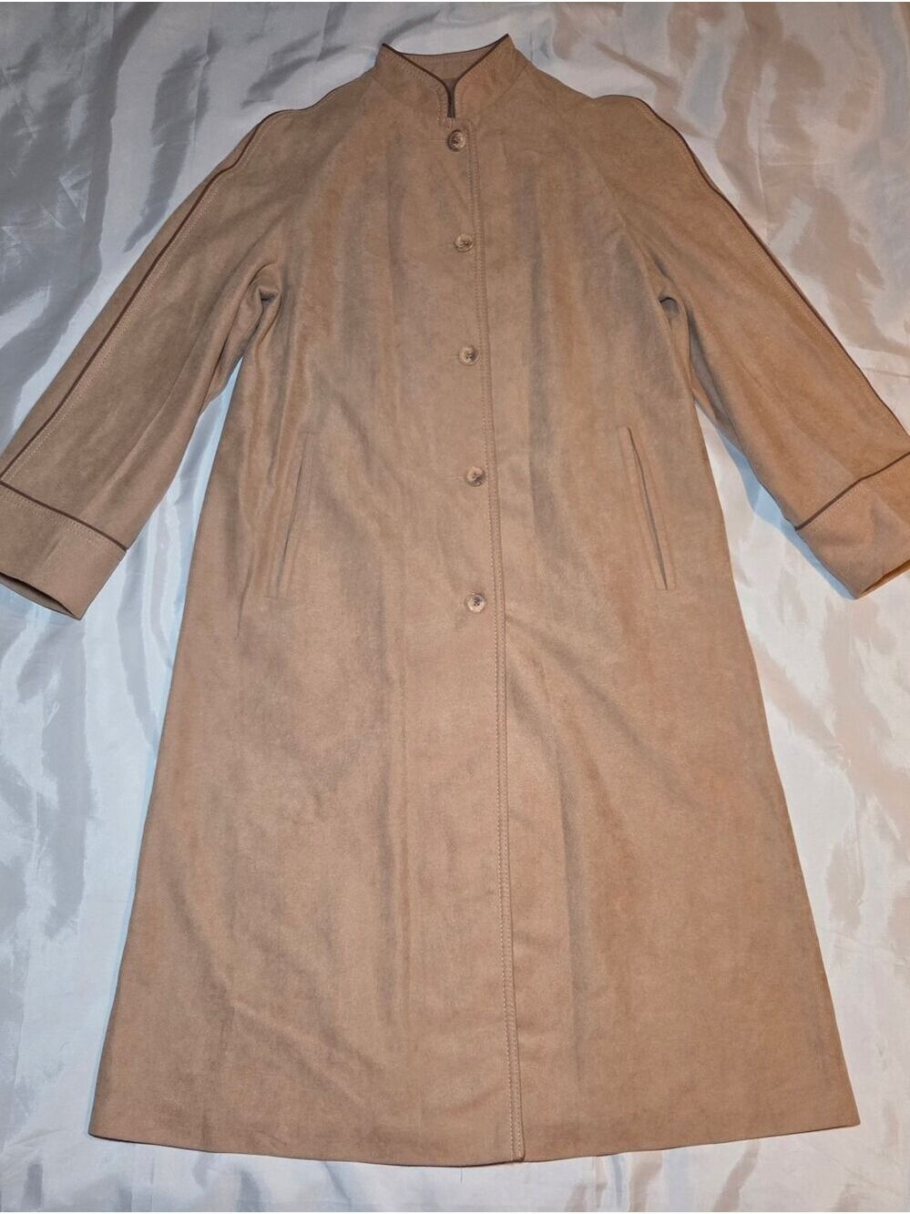 Vintage 80s Forecaster of Boston Camel Duster Coat Mandarin Collar Minimalist - Picture 3 of 11